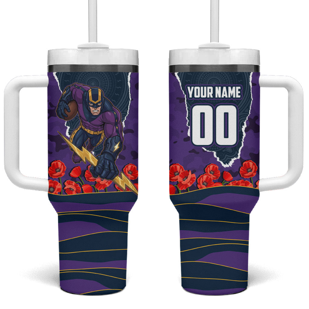 Personalized Melbourne Storm ANZAC Tribute Tumbler With Handle Poppy Field Soldier Silhouette Aboriginal Rugby Mascot