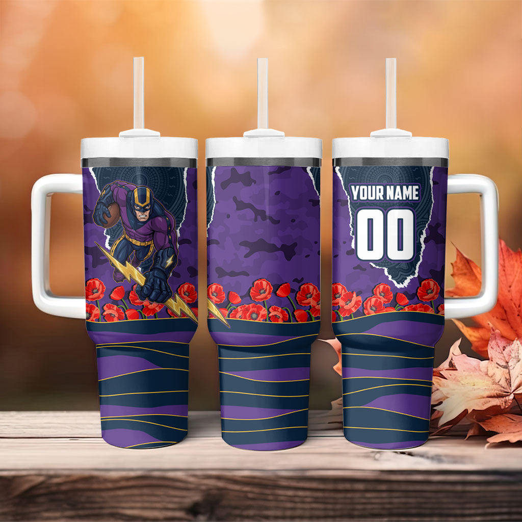 Personalized Melbourne Storm ANZAC Tribute Tumbler With Handle Poppy Field Soldier Silhouette Aboriginal Rugby Mascot