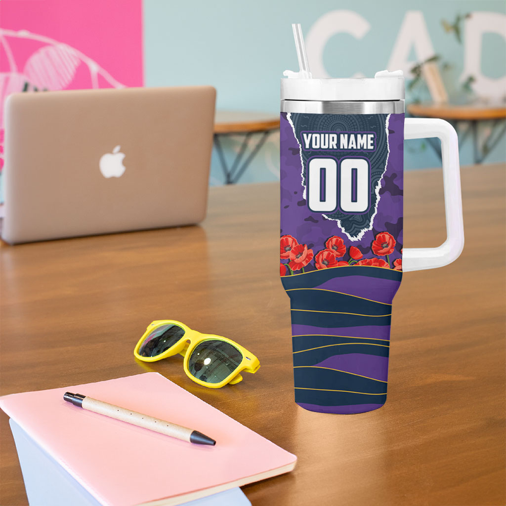 Personalized Melbourne Storm ANZAC Tribute Tumbler With Handle Poppy Field Soldier Silhouette Aboriginal Rugby Mascot
