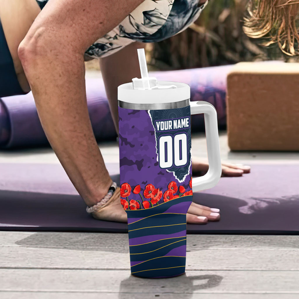 Personalized Melbourne Storm ANZAC Tribute Tumbler With Handle Poppy Field Soldier Silhouette Aboriginal Rugby Mascot