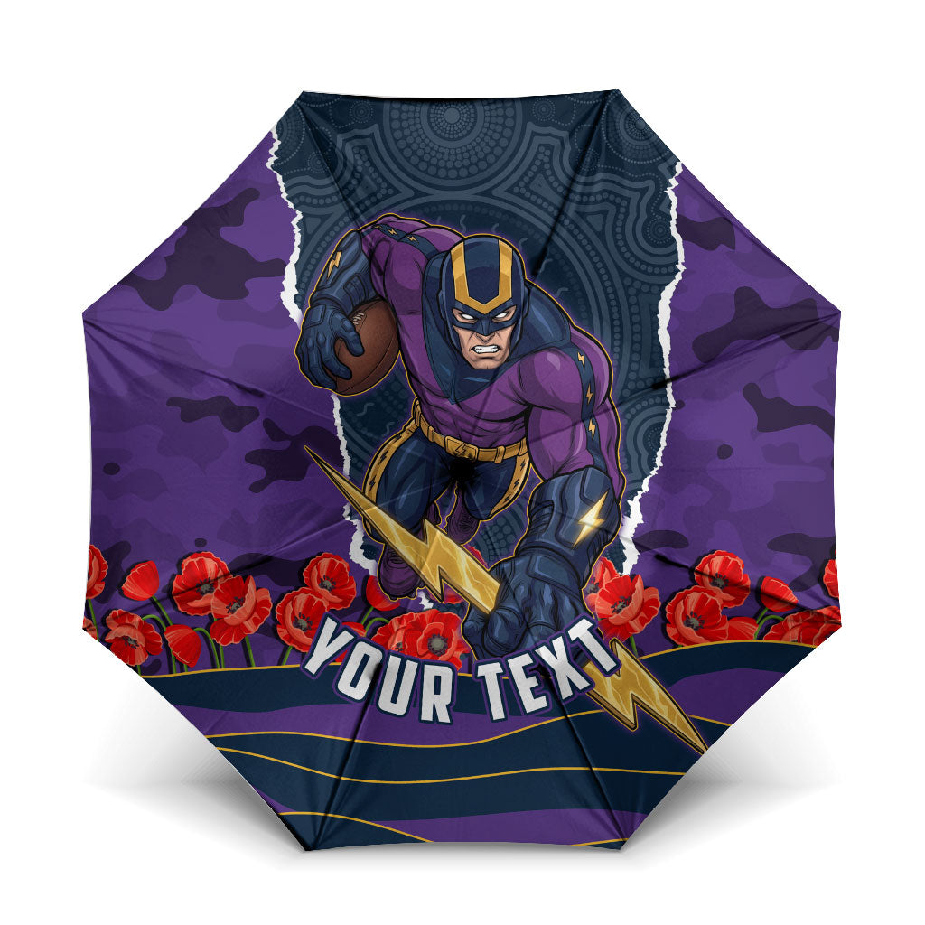 Personalized Melbourne Storm ANZAC Tribute Umbrella Poppy Field Soldier Silhouette Aboriginal Rugby Mascot