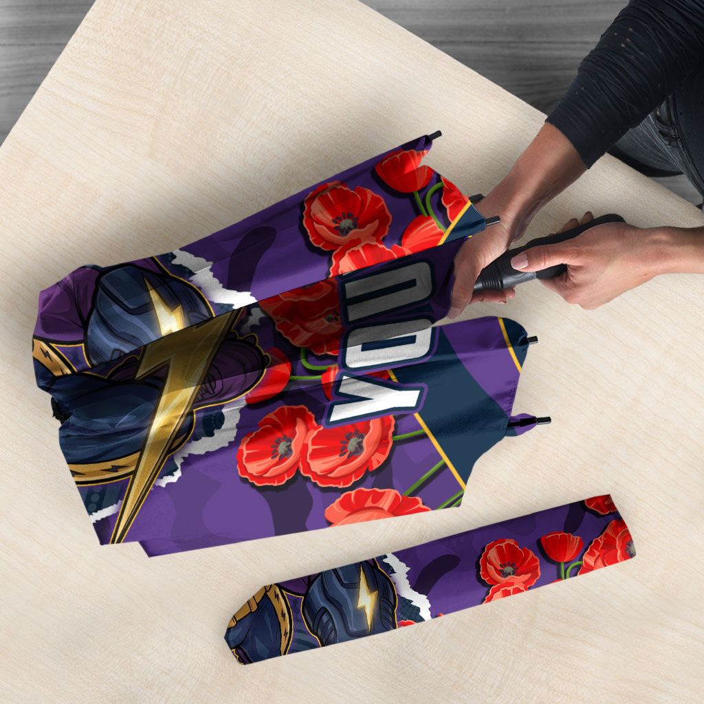 Personalized Melbourne Storm ANZAC Tribute Umbrella Poppy Field Soldier Silhouette Aboriginal Rugby Mascot