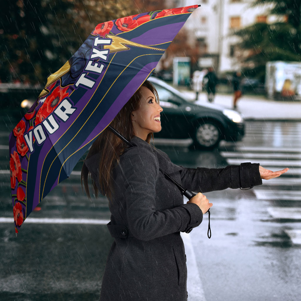 Personalized Melbourne Storm ANZAC Tribute Umbrella Poppy Field Soldier Silhouette Aboriginal Rugby Mascot