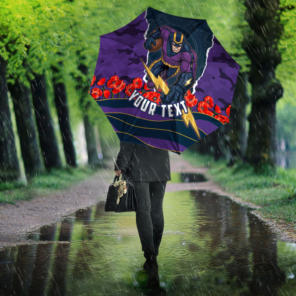 Personalized Melbourne Storm ANZAC Tribute Umbrella Poppy Field Soldier Silhouette Aboriginal Rugby Mascot
