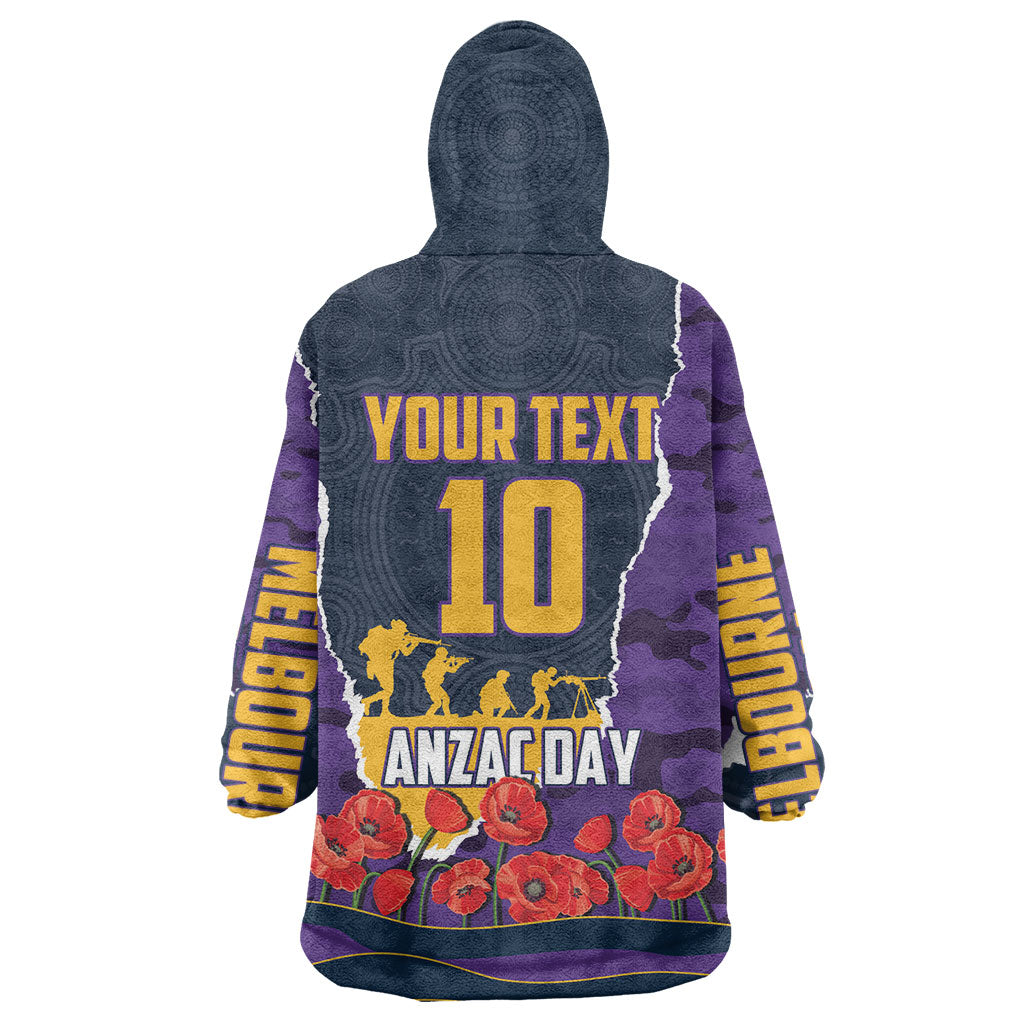 Personalized Melbourne Storm ANZAC Tribute Wearable Blanket Hoodie Poppy Field Soldier Silhouette Aboriginal Rugby Mascot