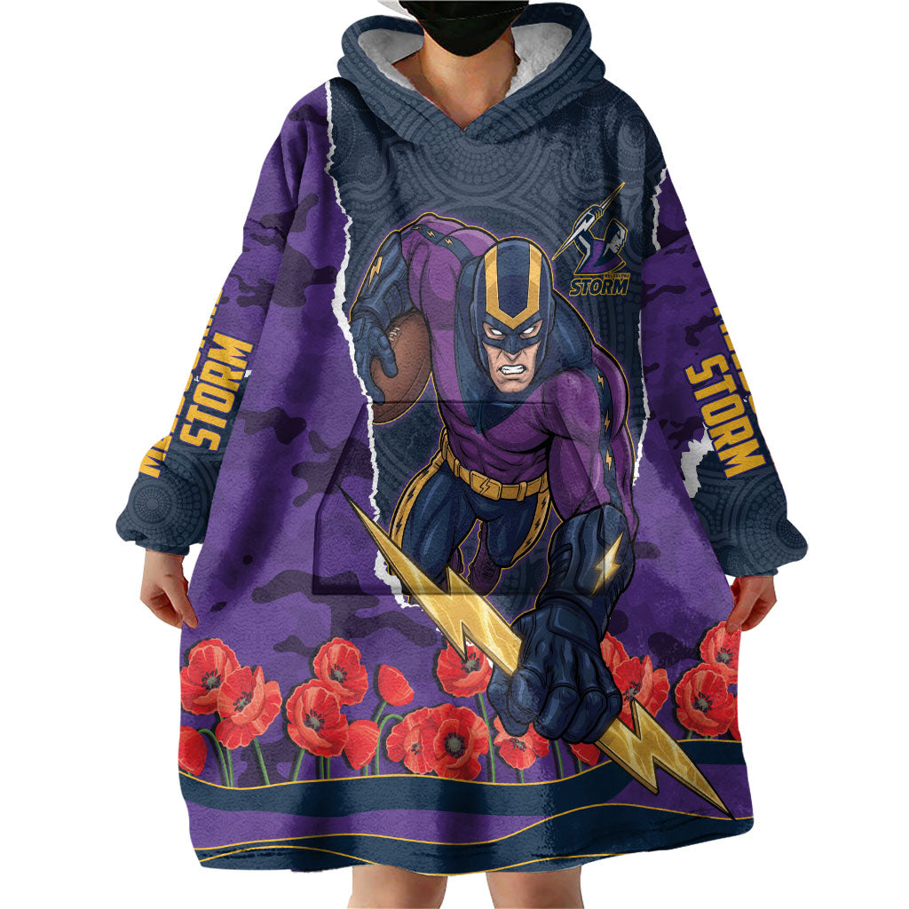 Personalized Melbourne Storm ANZAC Tribute Wearable Blanket Hoodie Poppy Field Soldier Silhouette Aboriginal Rugby Mascot