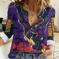 Personalized Melbourne Storm ANZAC Tribute Women Casual Shirt Poppy Field Soldier Silhouette Aboriginal Rugby Mascot