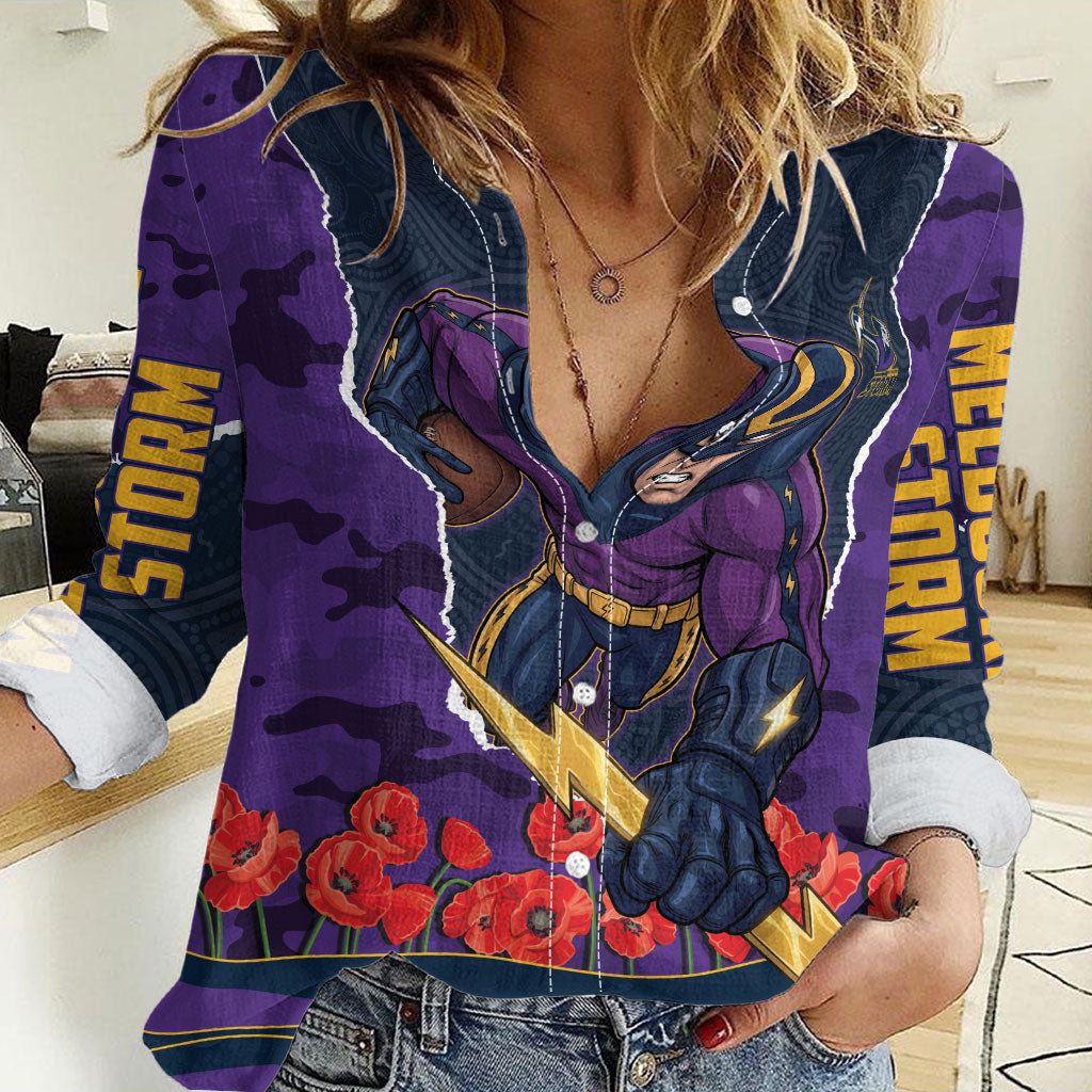 Personalized Melbourne Storm ANZAC Tribute Women Casual Shirt Poppy Field Soldier Silhouette Aboriginal Rugby Mascot