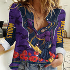 Personalized Melbourne Storm ANZAC Tribute Women Casual Shirt Poppy Field Soldier Silhouette Aboriginal Rugby Mascot