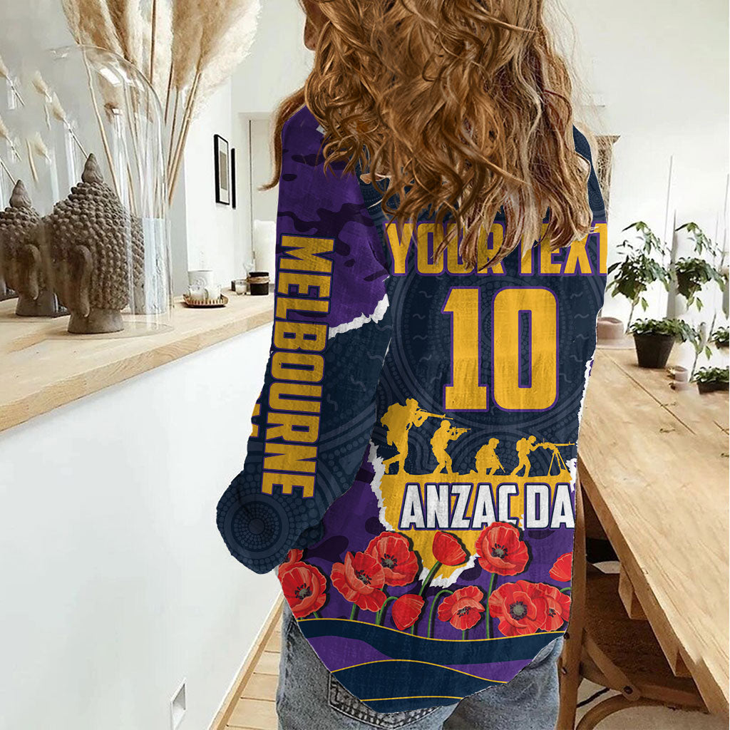 Personalized Melbourne Storm ANZAC Tribute Women Casual Shirt Poppy Field Soldier Silhouette Aboriginal Rugby Mascot