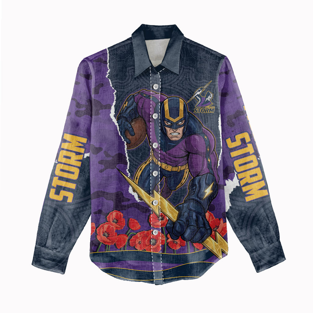 Personalized Melbourne Storm ANZAC Tribute Women Casual Shirt Poppy Field Soldier Silhouette Aboriginal Rugby Mascot
