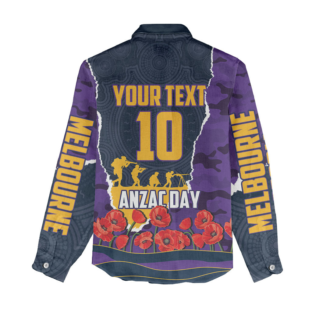 Personalized Melbourne Storm ANZAC Tribute Women Casual Shirt Poppy Field Soldier Silhouette Aboriginal Rugby Mascot