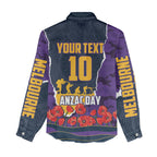 Personalized Melbourne Storm ANZAC Tribute Women Casual Shirt Poppy Field Soldier Silhouette Aboriginal Rugby Mascot