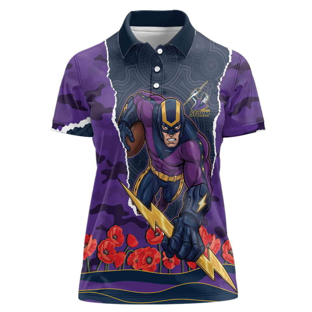 Personalized Melbourne Storm ANZAC Tribute Women Polo Shirt Poppy Field Soldier Silhouette Aboriginal Rugby Mascot