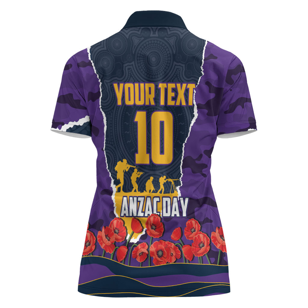 Personalized Melbourne Storm ANZAC Tribute Women Polo Shirt Poppy Field Soldier Silhouette Aboriginal Rugby Mascot