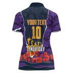 Personalized Melbourne Storm ANZAC Tribute Women Polo Shirt Poppy Field Soldier Silhouette Aboriginal Rugby Mascot