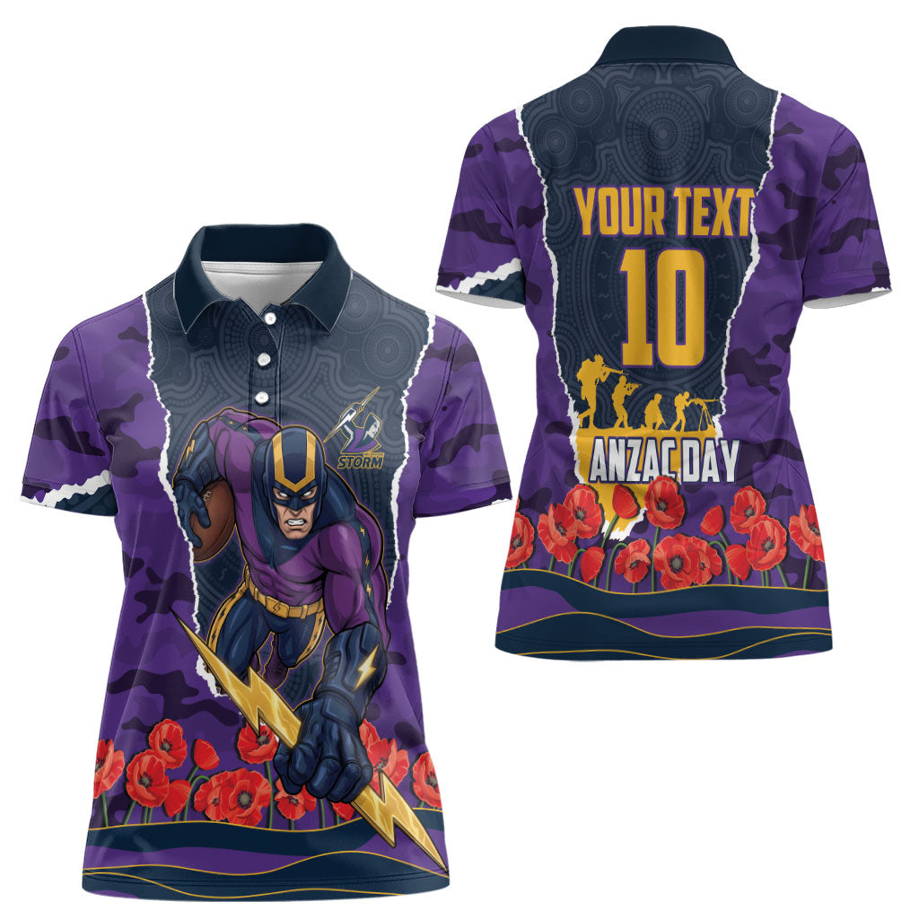 Personalized Melbourne Storm ANZAC Tribute Women Polo Shirt Poppy Field Soldier Silhouette Aboriginal Rugby Mascot