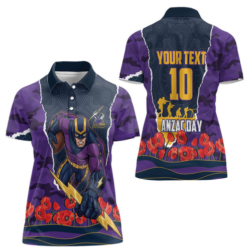 Personalized Melbourne Storm ANZAC Tribute Women Polo Shirt Poppy Field Soldier Silhouette Aboriginal Rugby Mascot