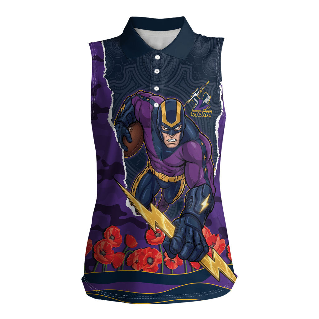 Personalized Melbourne Storm ANZAC Tribute Women Sleeveless Polo Shirt Poppy Field Soldier Silhouette Aboriginal Rugby Mascot