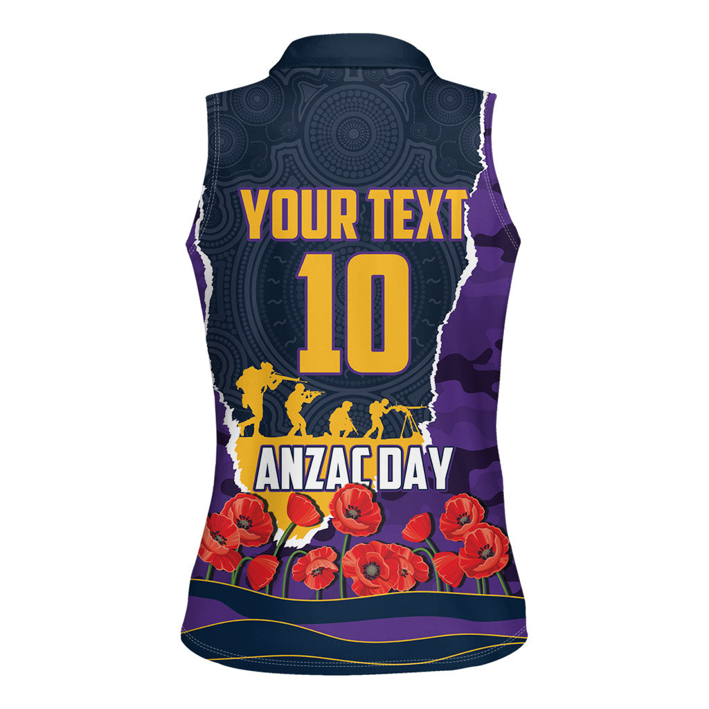 Personalized Melbourne Storm ANZAC Tribute Women Sleeveless Polo Shirt Poppy Field Soldier Silhouette Aboriginal Rugby Mascot