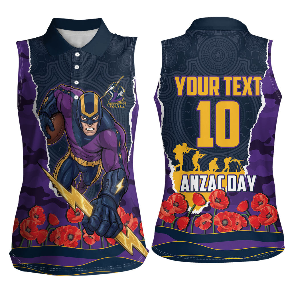 Personalized Melbourne Storm ANZAC Tribute Women Sleeveless Polo Shirt Poppy Field Soldier Silhouette Aboriginal Rugby Mascot