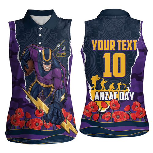 Personalized Melbourne Storm ANZAC Tribute Women Sleeveless Polo Shirt Poppy Field Soldier Silhouette Aboriginal Rugby Mascot