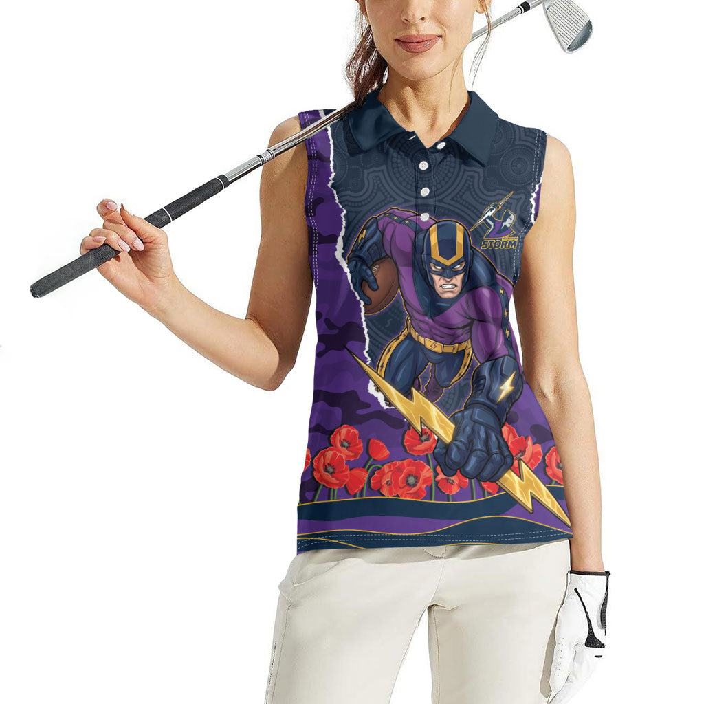 Personalized Melbourne Storm ANZAC Tribute Women Sleeveless Polo Shirt Poppy Field Soldier Silhouette Aboriginal Rugby Mascot