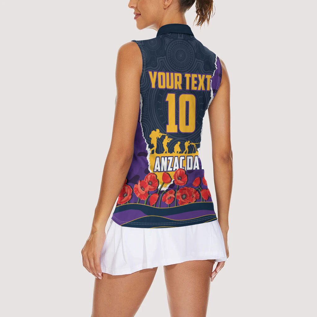 Personalized Melbourne Storm ANZAC Tribute Women Sleeveless Polo Shirt Poppy Field Soldier Silhouette Aboriginal Rugby Mascot