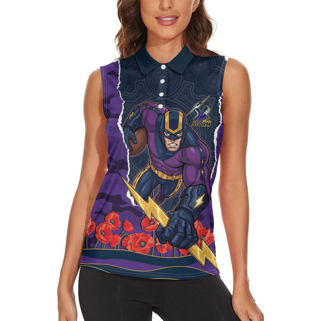 Personalized Melbourne Storm ANZAC Tribute Women Sleeveless Polo Shirt Poppy Field Soldier Silhouette Aboriginal Rugby Mascot