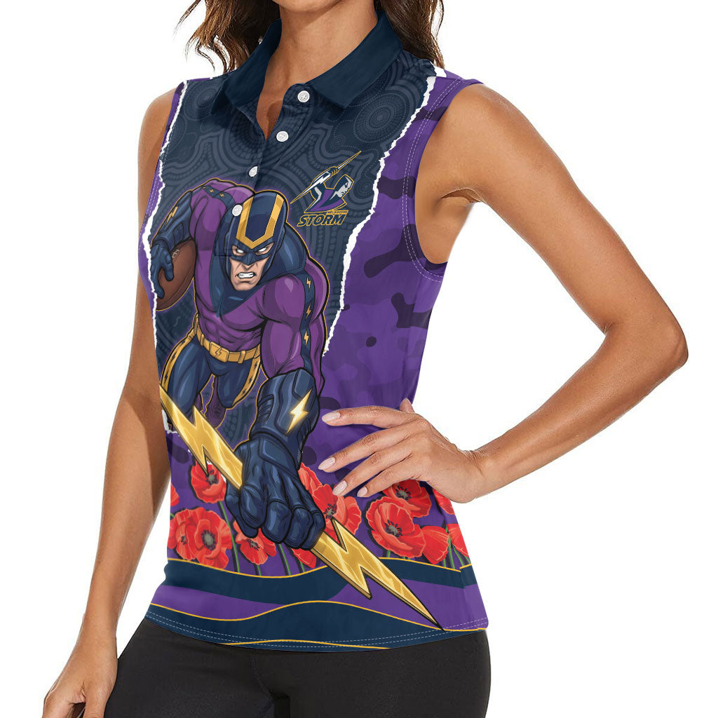 Personalized Melbourne Storm ANZAC Tribute Women Sleeveless Polo Shirt Poppy Field Soldier Silhouette Aboriginal Rugby Mascot