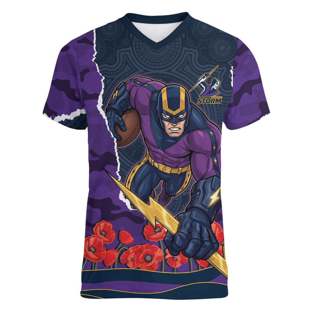 Personalized Melbourne Storm ANZAC Tribute Women V-Neck T-Shirt Poppy Field Soldier Silhouette Aboriginal Rugby Mascot