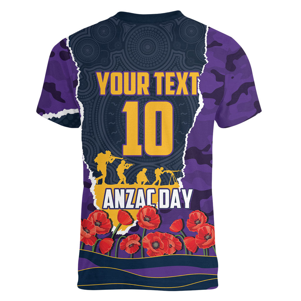Personalized Melbourne Storm ANZAC Tribute Women V-Neck T-Shirt Poppy Field Soldier Silhouette Aboriginal Rugby Mascot
