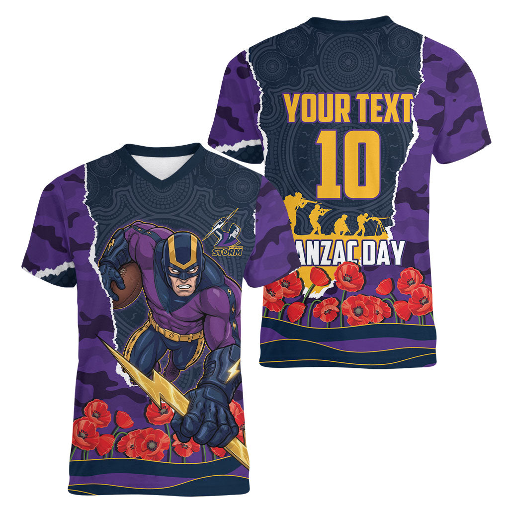 Personalized Melbourne Storm ANZAC Tribute Women V-Neck T-Shirt Poppy Field Soldier Silhouette Aboriginal Rugby Mascot
