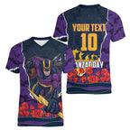 Personalized Melbourne Storm ANZAC Tribute Women V-Neck T-Shirt Poppy Field Soldier Silhouette Aboriginal Rugby Mascot
