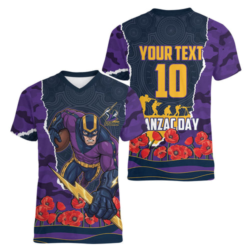 Personalized Melbourne Storm ANZAC Tribute Women V-Neck T-Shirt Poppy Field Soldier Silhouette Aboriginal Rugby Mascot