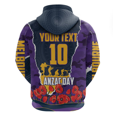 Personalized Melbourne Storm ANZAC Tribute Zip Hoodie Poppy Field Soldier Silhouette Aboriginal Rugby Mascot