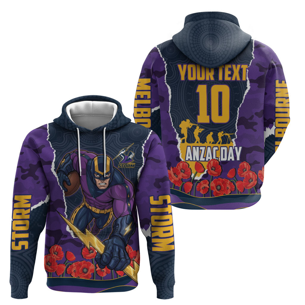 Personalized Melbourne Storm ANZAC Tribute Zip Hoodie Poppy Field Soldier Silhouette Aboriginal Rugby Mascot