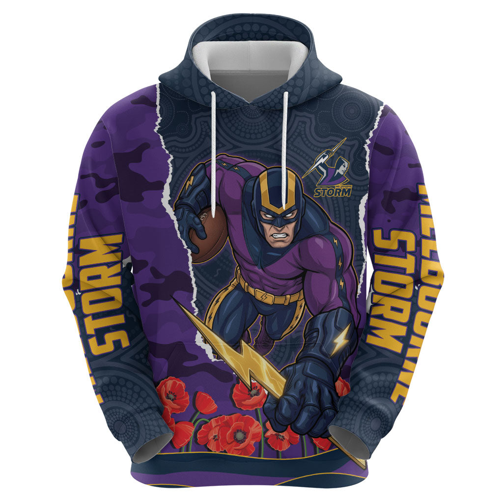 Personalized Melbourne Storm ANZAC Tribute Zip Hoodie Poppy Field Soldier Silhouette Aboriginal Rugby Mascot