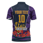 Personalized Melbourne Storm ANZAC Tribute Zipper Polo Shirt Poppy Field Soldier Silhouette Aboriginal Rugby Mascot