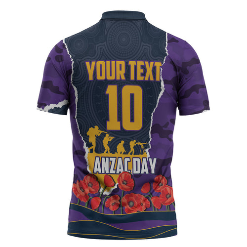 Personalized Melbourne Storm ANZAC Tribute Zipper Polo Shirt Poppy Field Soldier Silhouette Aboriginal Rugby Mascot