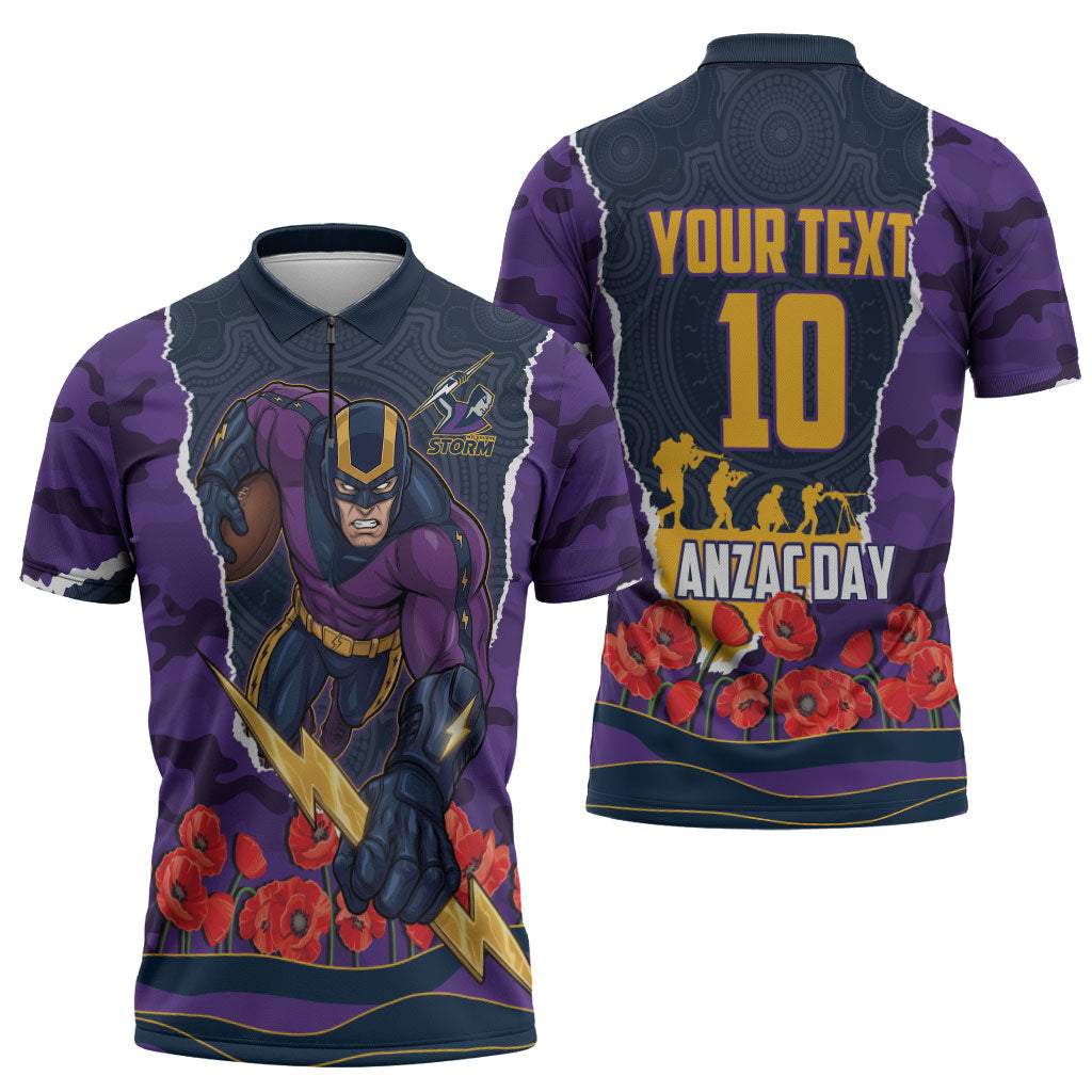 Personalized Melbourne Storm ANZAC Tribute Zipper Polo Shirt Poppy Field Soldier Silhouette Aboriginal Rugby Mascot
