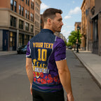 Personalized Melbourne Storm ANZAC Tribute Zipper Polo Shirt Poppy Field Soldier Silhouette Aboriginal Rugby Mascot