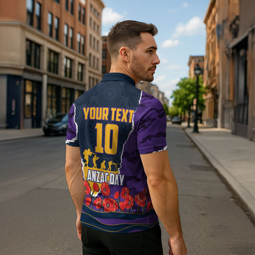 Personalized Melbourne Storm ANZAC Tribute Zipper Polo Shirt Poppy Field Soldier Silhouette Aboriginal Rugby Mascot