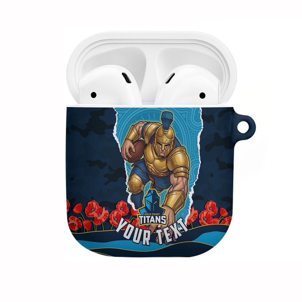 Personalized Gold Coast Titans ANZAC Tribute AirPods Case Poppy Field Soldier Silhouette Aboriginal Rugby Mascot