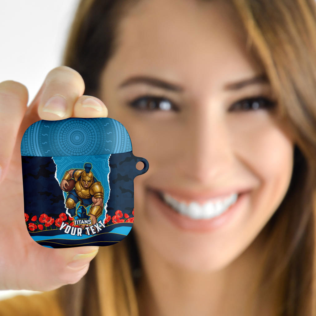 Personalized Gold Coast Titans ANZAC Tribute AirPods Case Poppy Field Soldier Silhouette Aboriginal Rugby Mascot