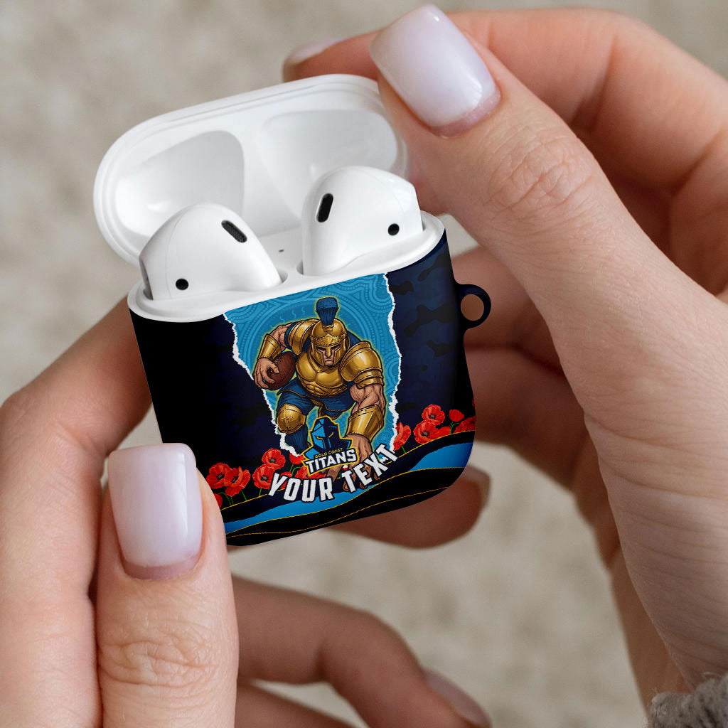Personalized Gold Coast Titans ANZAC Tribute AirPods Case Poppy Field Soldier Silhouette Aboriginal Rugby Mascot
