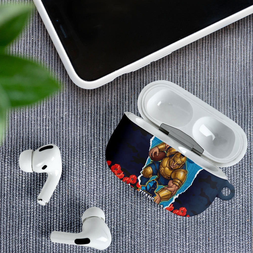 Personalized Gold Coast Titans ANZAC Tribute AirPods Case Poppy Field Soldier Silhouette Aboriginal Rugby Mascot