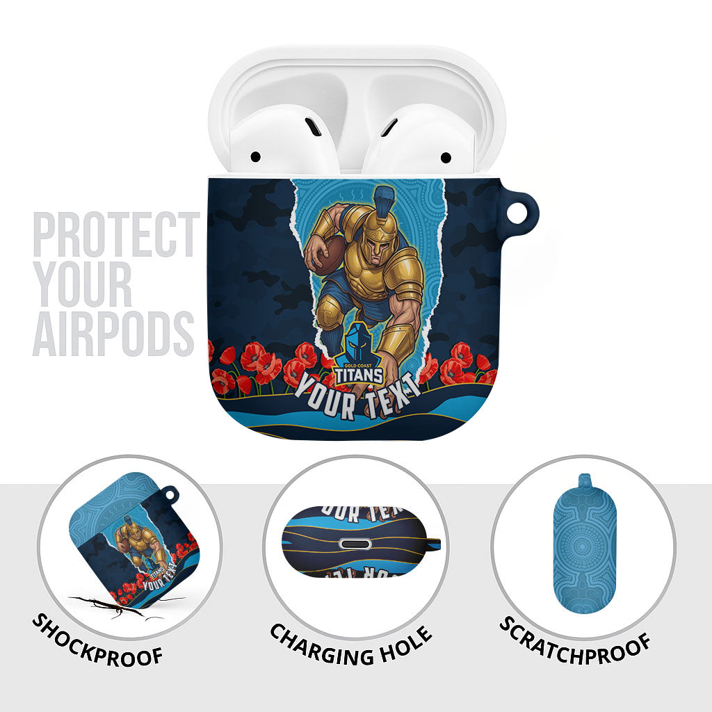 Personalized Gold Coast Titans ANZAC Tribute AirPods Case Poppy Field Soldier Silhouette Aboriginal Rugby Mascot