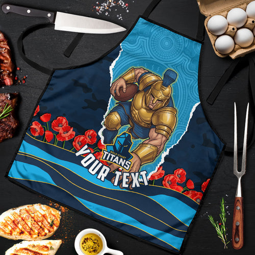 Personalized Gold Coast Titans ANZAC Tribute Apron Poppy Field Soldier Silhouette Aboriginal Rugby Mascot