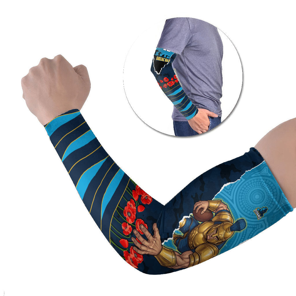 Personalized Gold Coast Titans ANZAC Tribute Arm Sleeves Poppy Field Soldier Silhouette Aboriginal Rugby Mascot